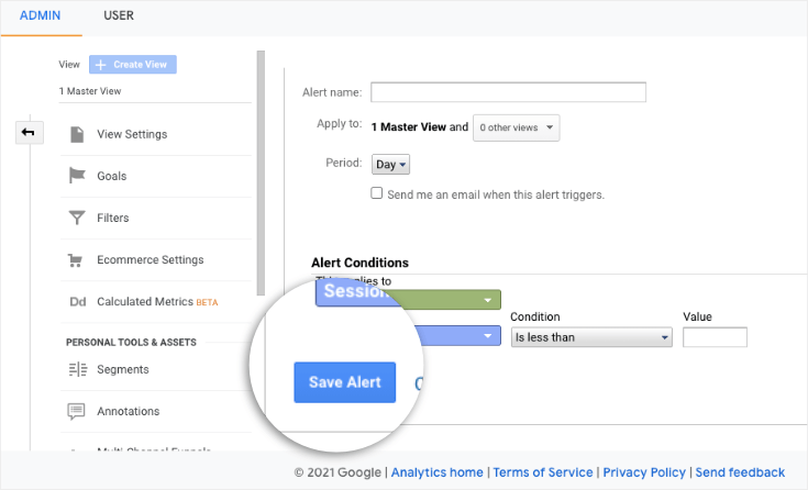 save your custom google analytics alert