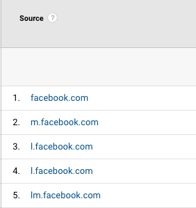 Google Analytics screenshot showing list of sources with multiple facebook.com instances.