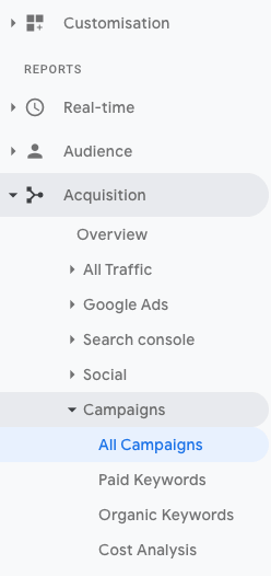 Where to find Campaigns and All Campaigns in the Google Analytics side menu