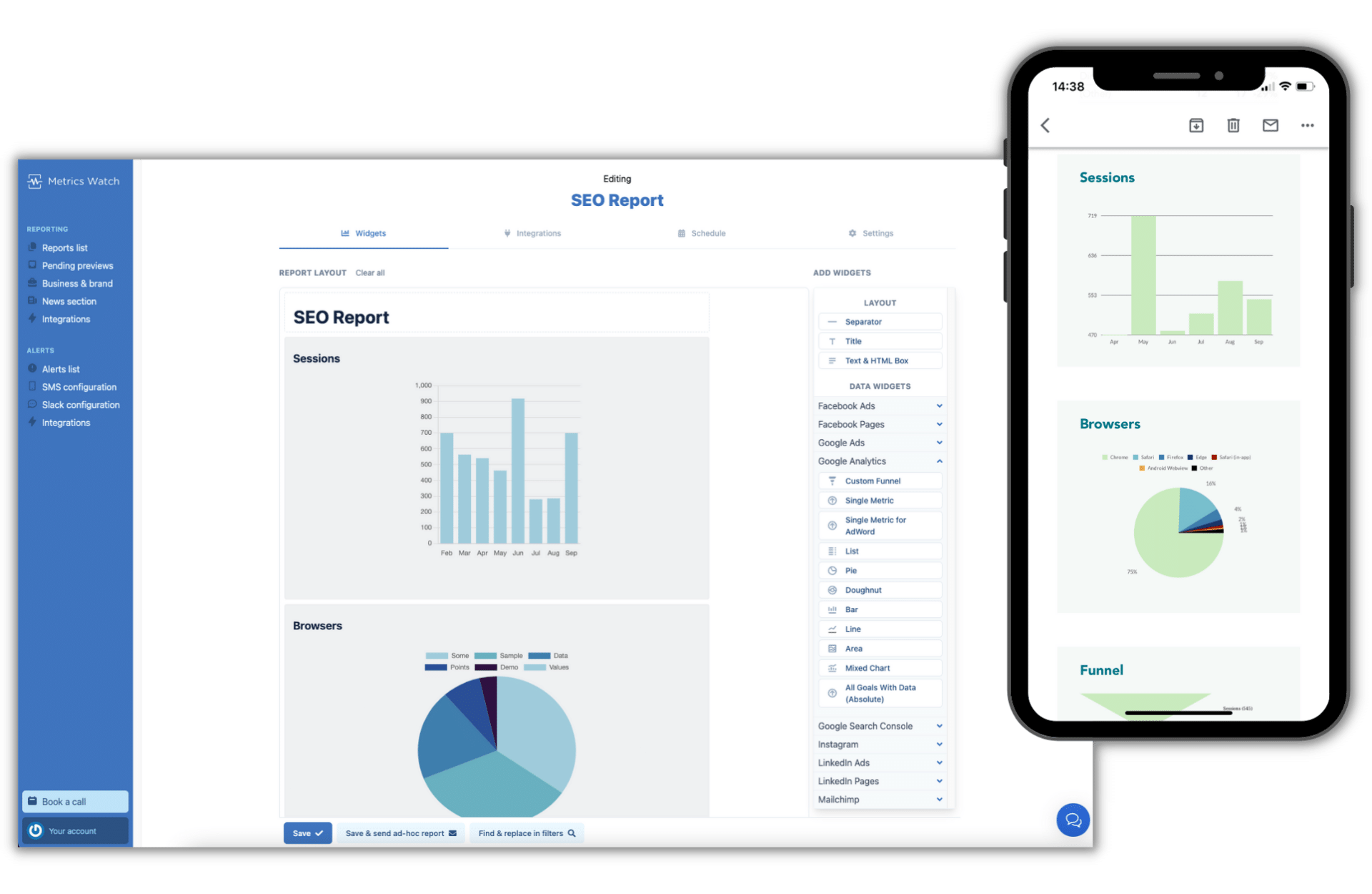 Metrics Watch report builder and preview of mobile report